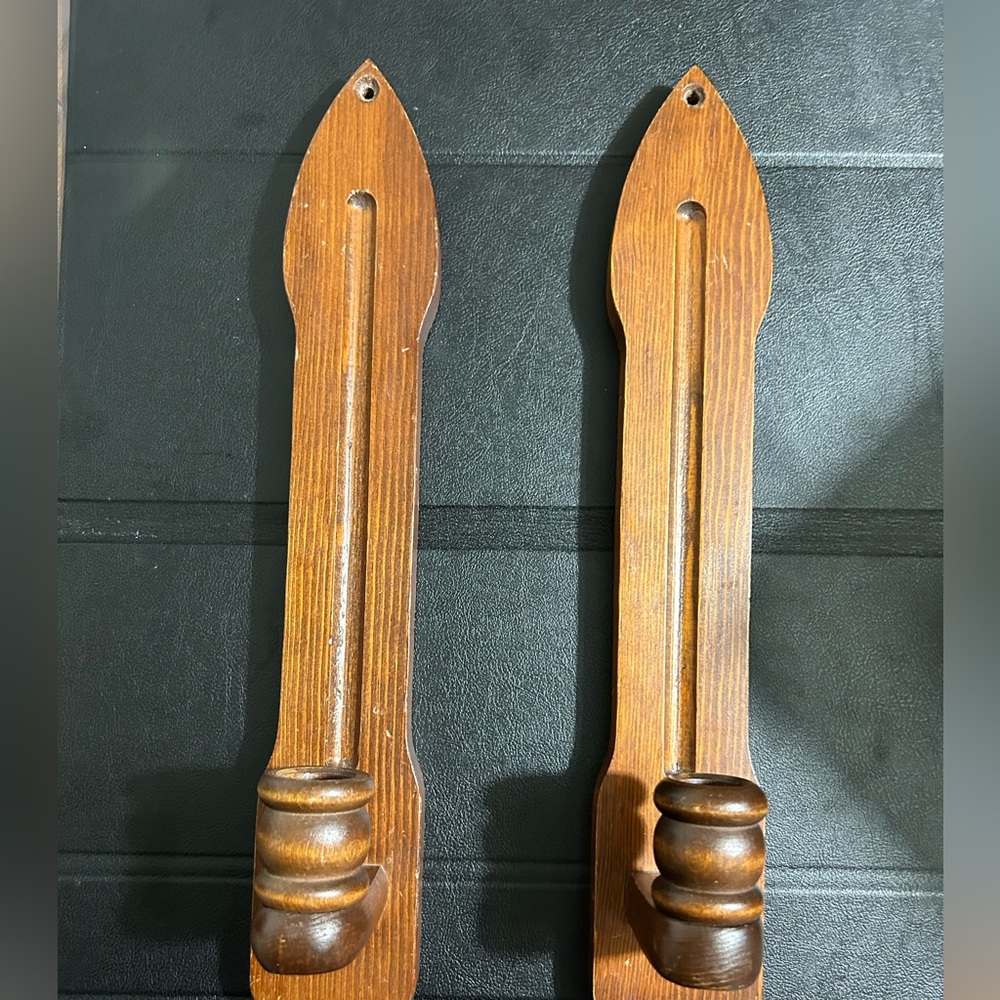 Set Pair 2 Vtg Mid Century Modern Wood Wall Candle Holders